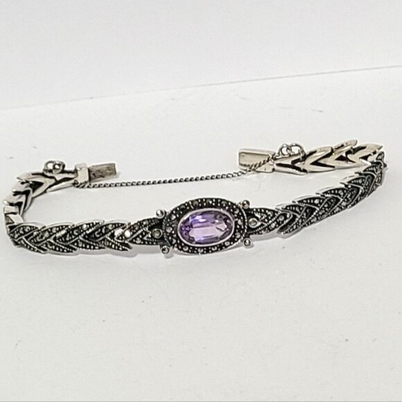 Vintage Art Deco Sterling Silver Purple Amethyst Marcasite Crystal Bracelet - Picture 3 of 15
